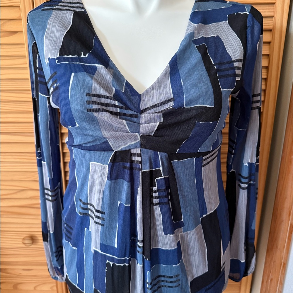 New York & Company Blue and Black Geometric Blouse